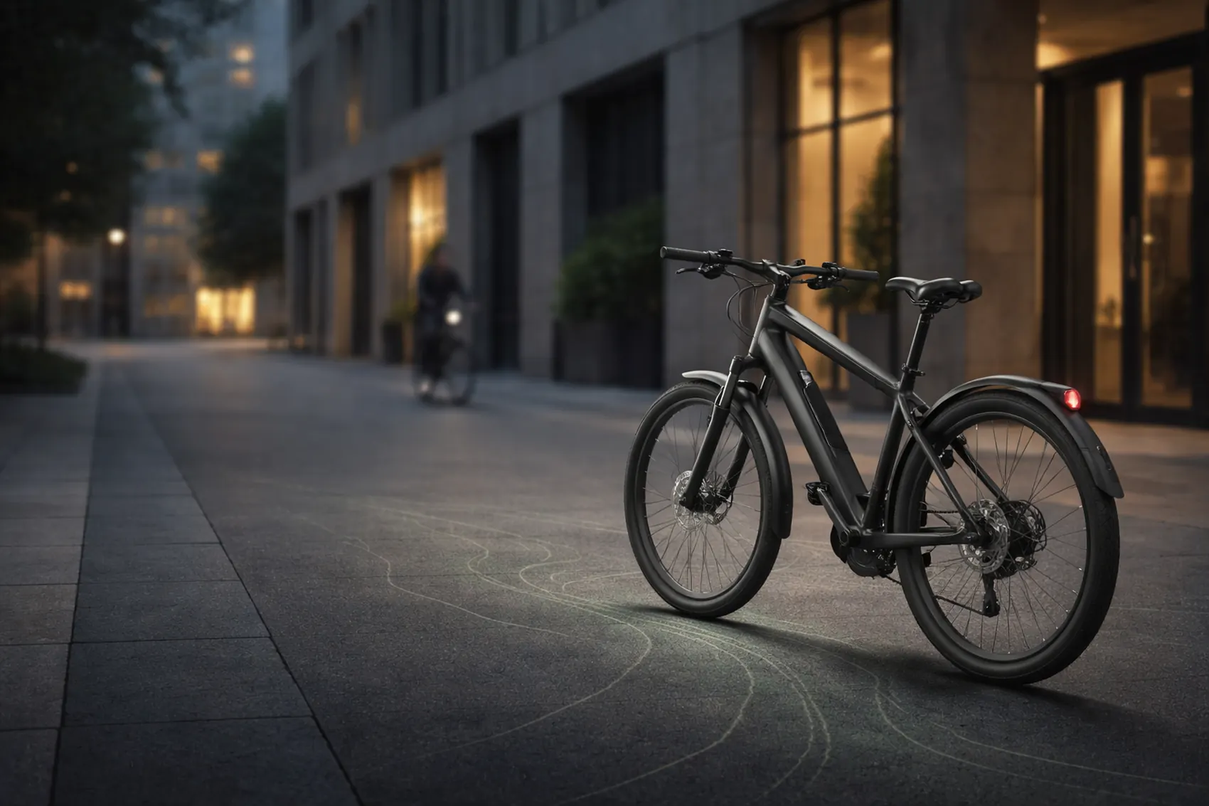 E-Bike in der Dämmerung mit sichtbarer Ortungsspur